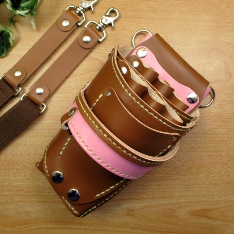 キャメル＆ピンク　６丁差し　本革　シザーケース　SCA-100/CCB