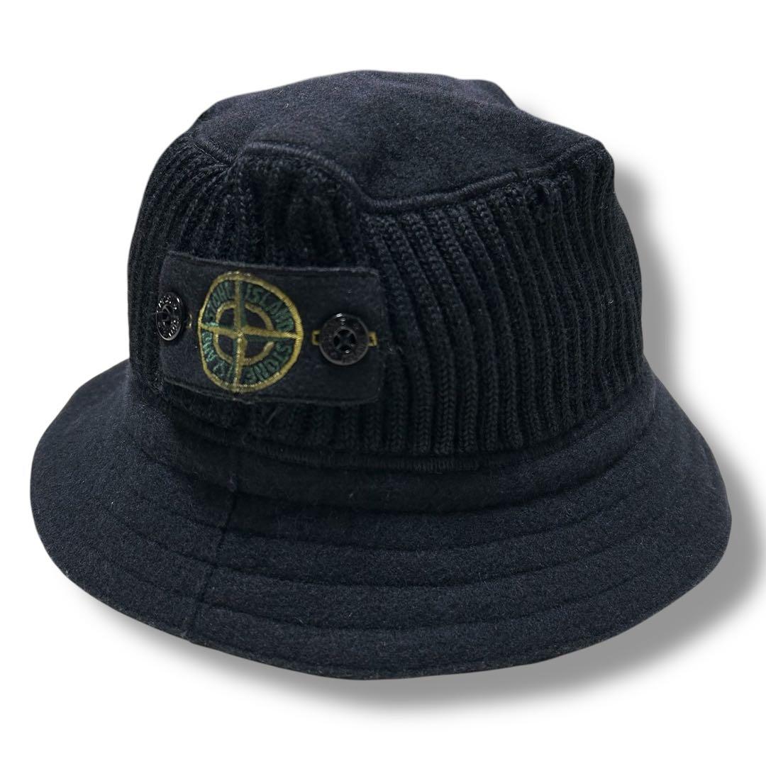 ストーンアイランド ニット バケットハット ワッペン ブラック ウール