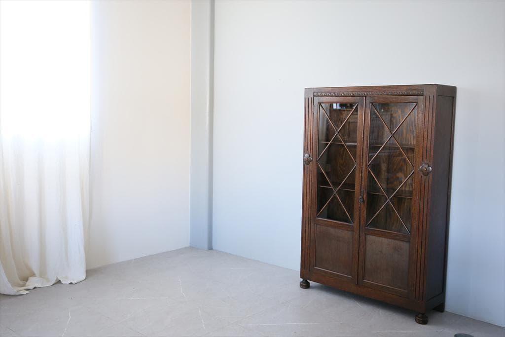 英国アンティーク木製ブックケースキャビネット/本棚/食器棚/飾り棚(92-155