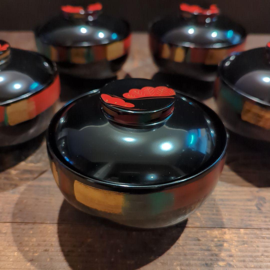京都美術　漆芸作家　作家もの　山中漆器　草花絵変わり　雑煮椀　吸物椀　黒　5客揃