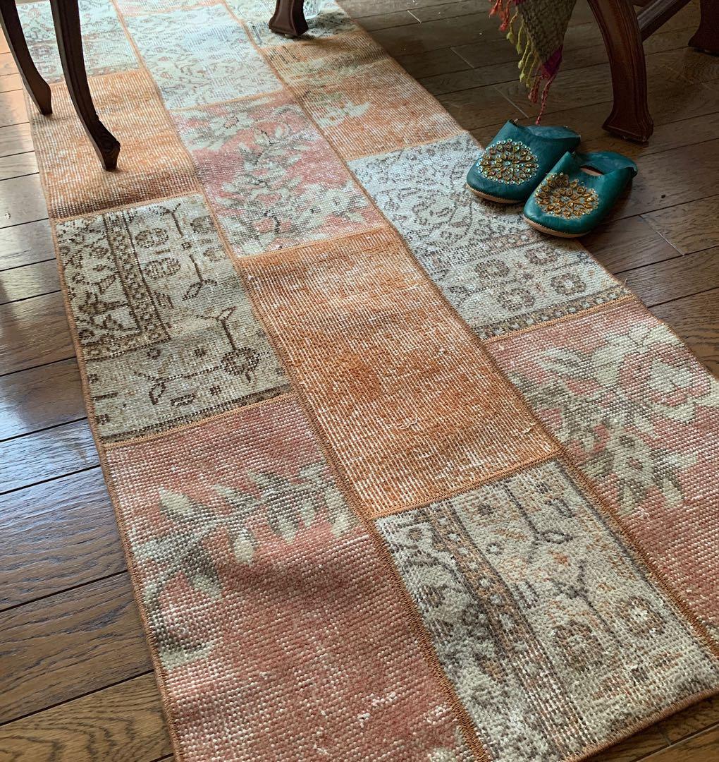 ササ　ペールオレンジ　ランナー　174×65 トルコヴィンテージラグ