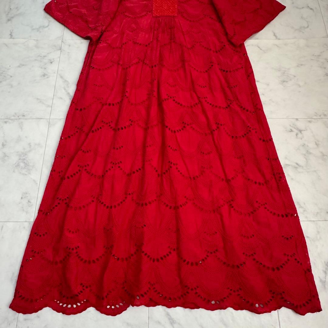 ヌキテパ コットン ボイル ドットヘムラ レース ワンピース マキシ丈 紅 近年