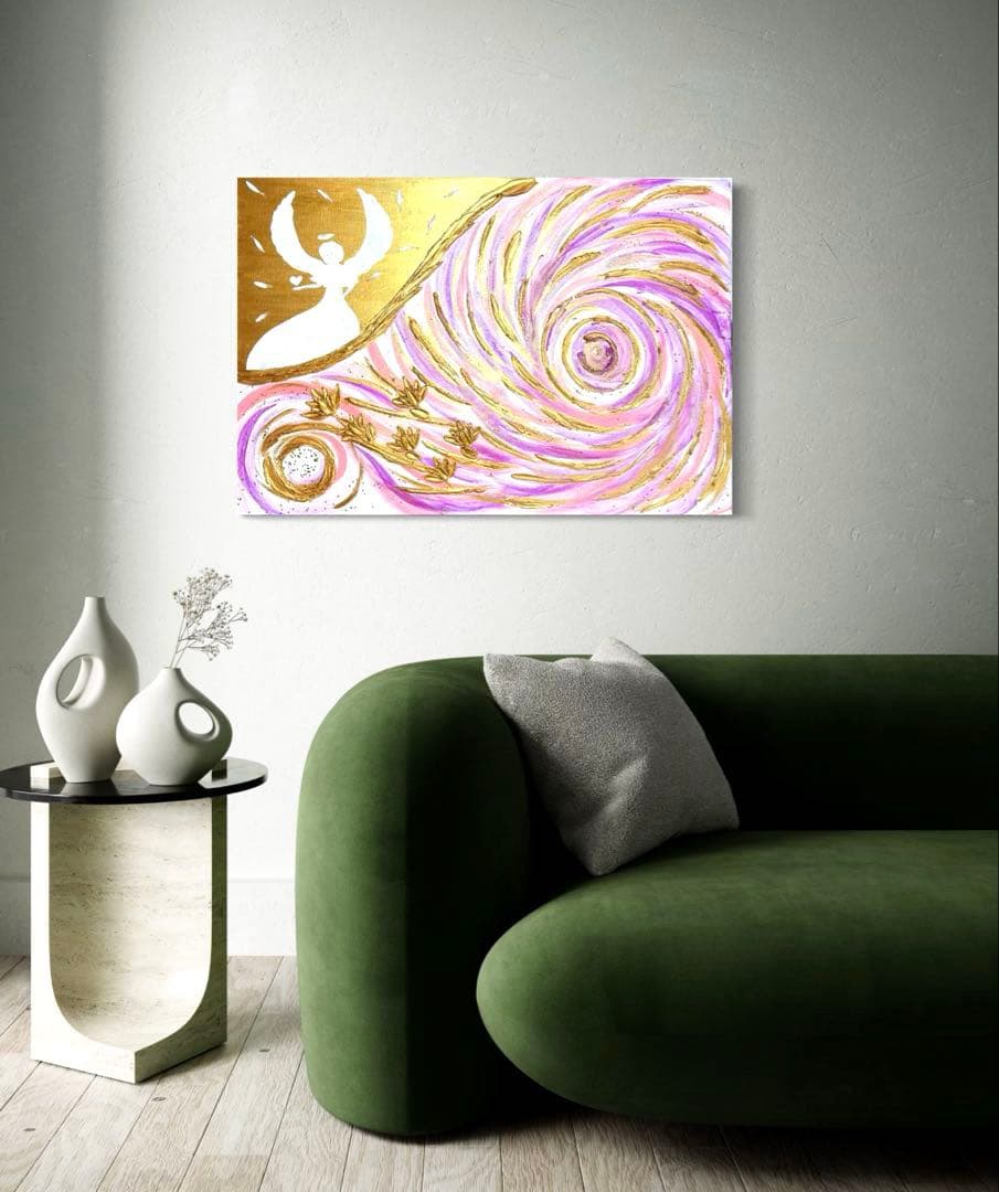 開運絵画　オリジナル　守護天使様　龍神様　蓮の花