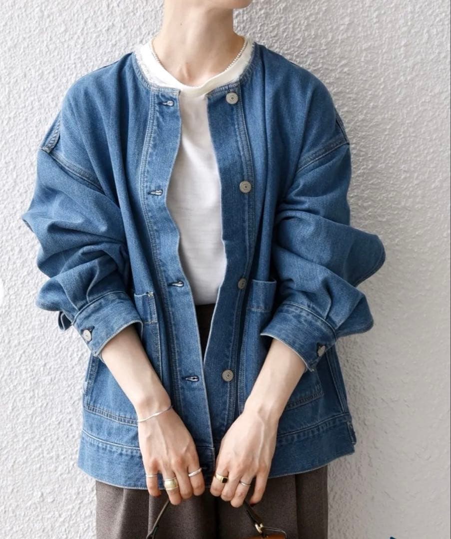 SHIPS any ノーカラーデニムブルゾン