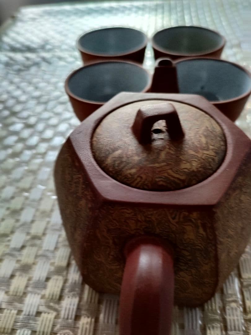 ●中国宜興 紫砂 急須＋湯呑4客セット 漢詩刻字 彫刻装飾 共箱付中国茶器紫砂壺
