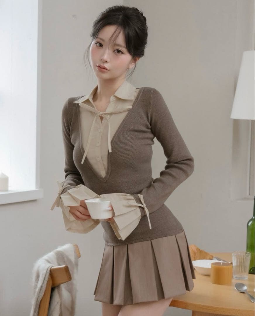 シャツドッキングプリーツミニワンピース　MOC