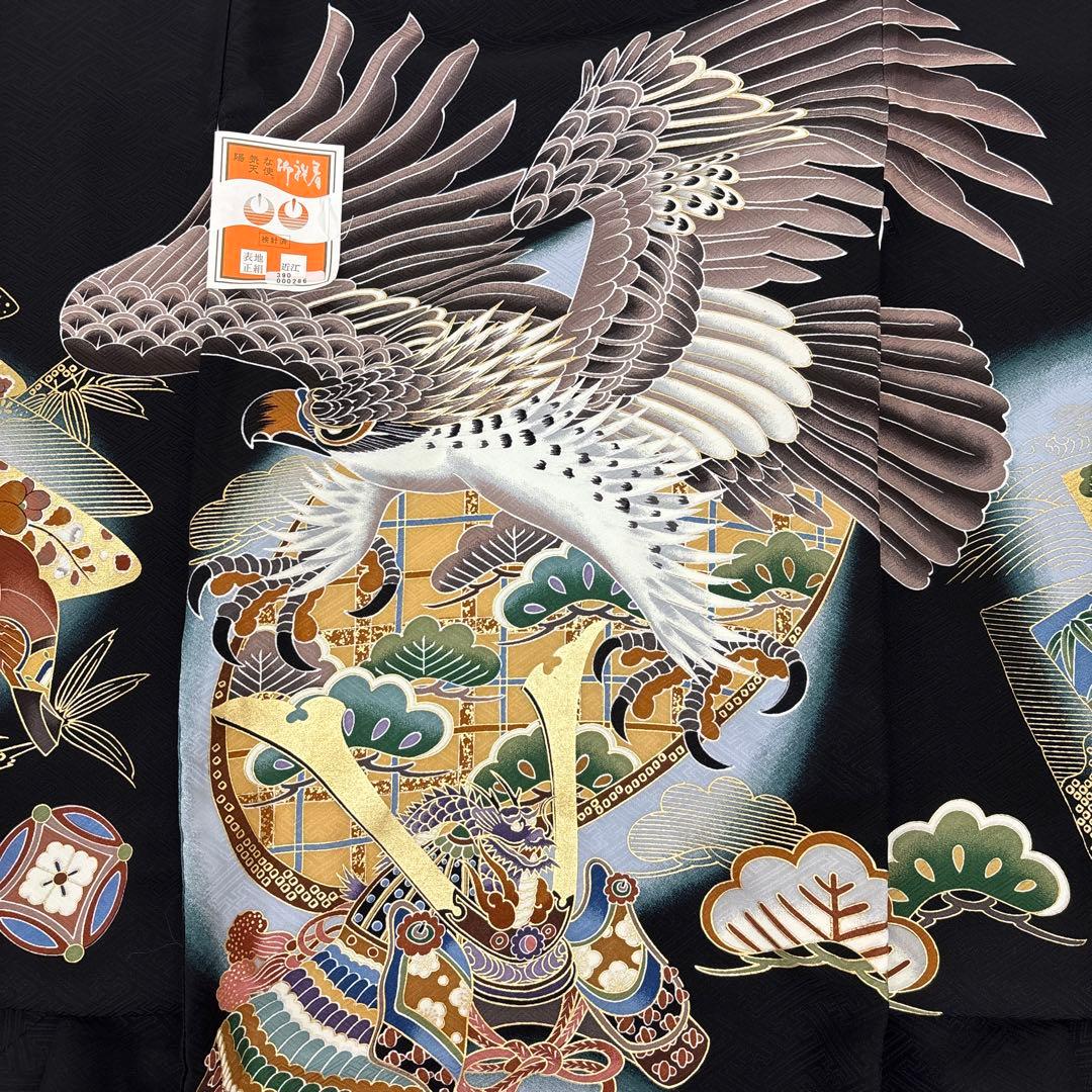 まいく　正絹産着祝着京友禅、豪華本金彩仕様、特選大鷹に大将兜龍祝い文