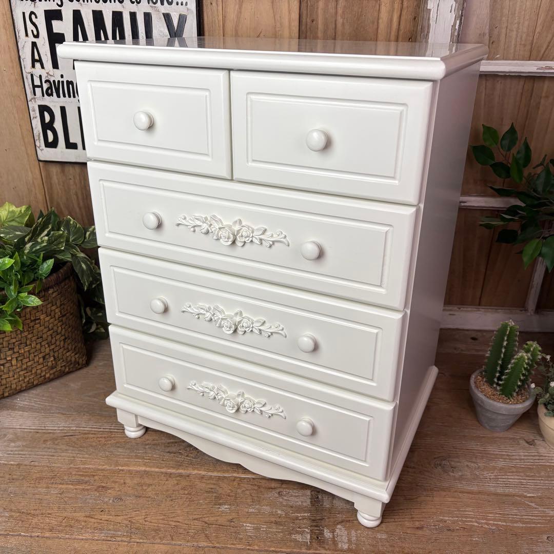 訳あり品【86】フレンチカントリー調ホワイトチェスト四段五つ引き木製洋タンス収納
