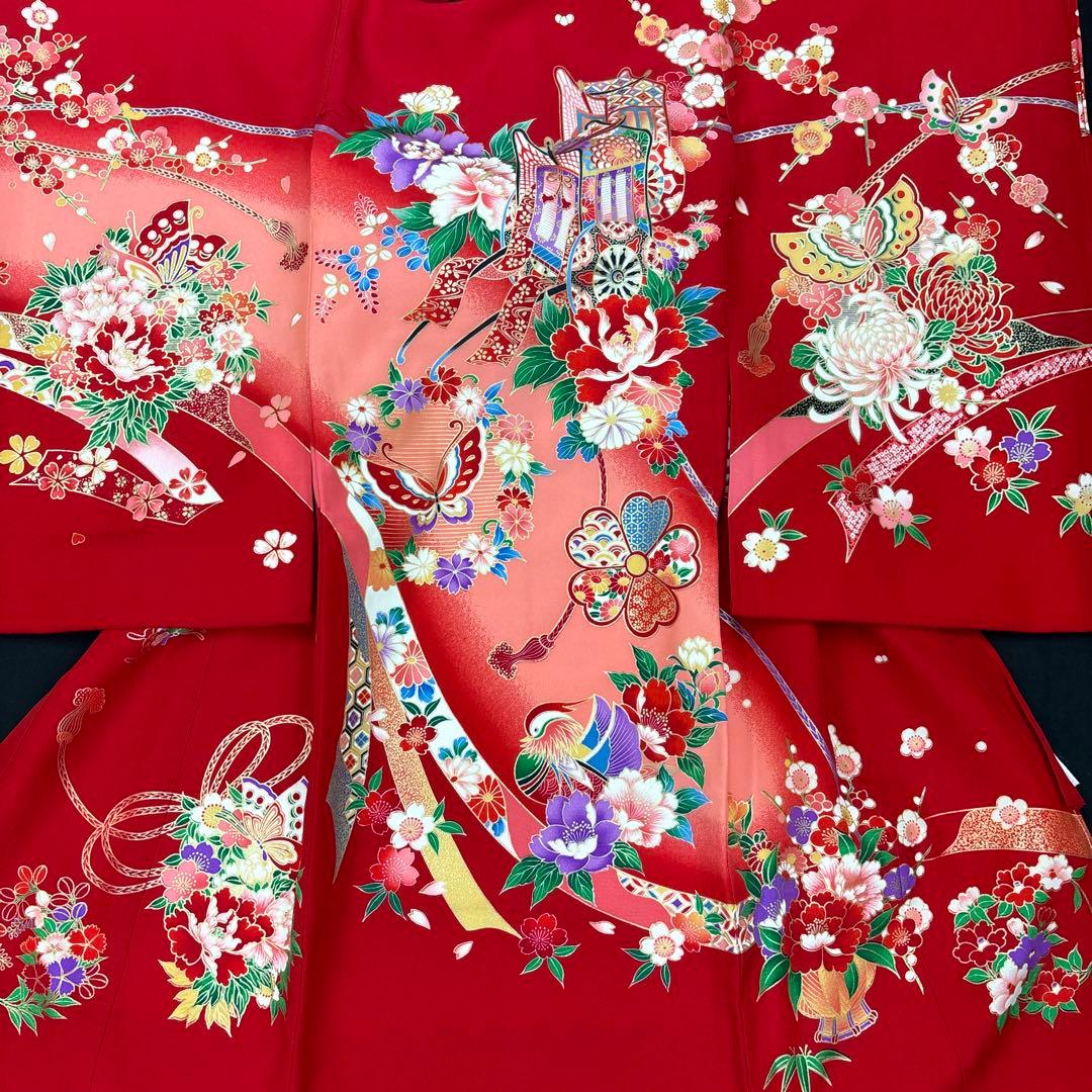 新品☆正絹産着（お祝着）特選生地京友禅工芸染古典四季花祝い御所花車熨斗に鴛鴦文