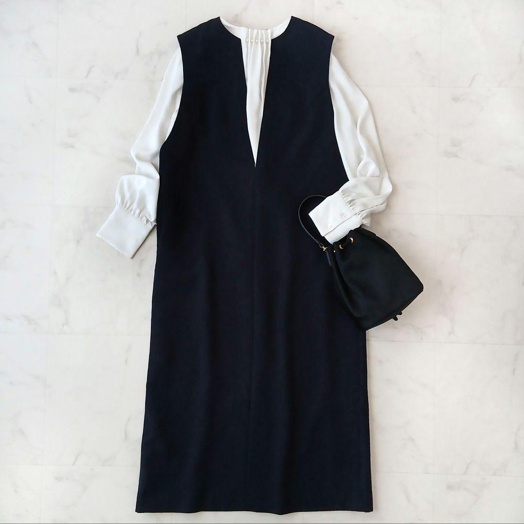 美品 アンタイトル 上質 スラッシュネック ジャンパースカート S ネイビー