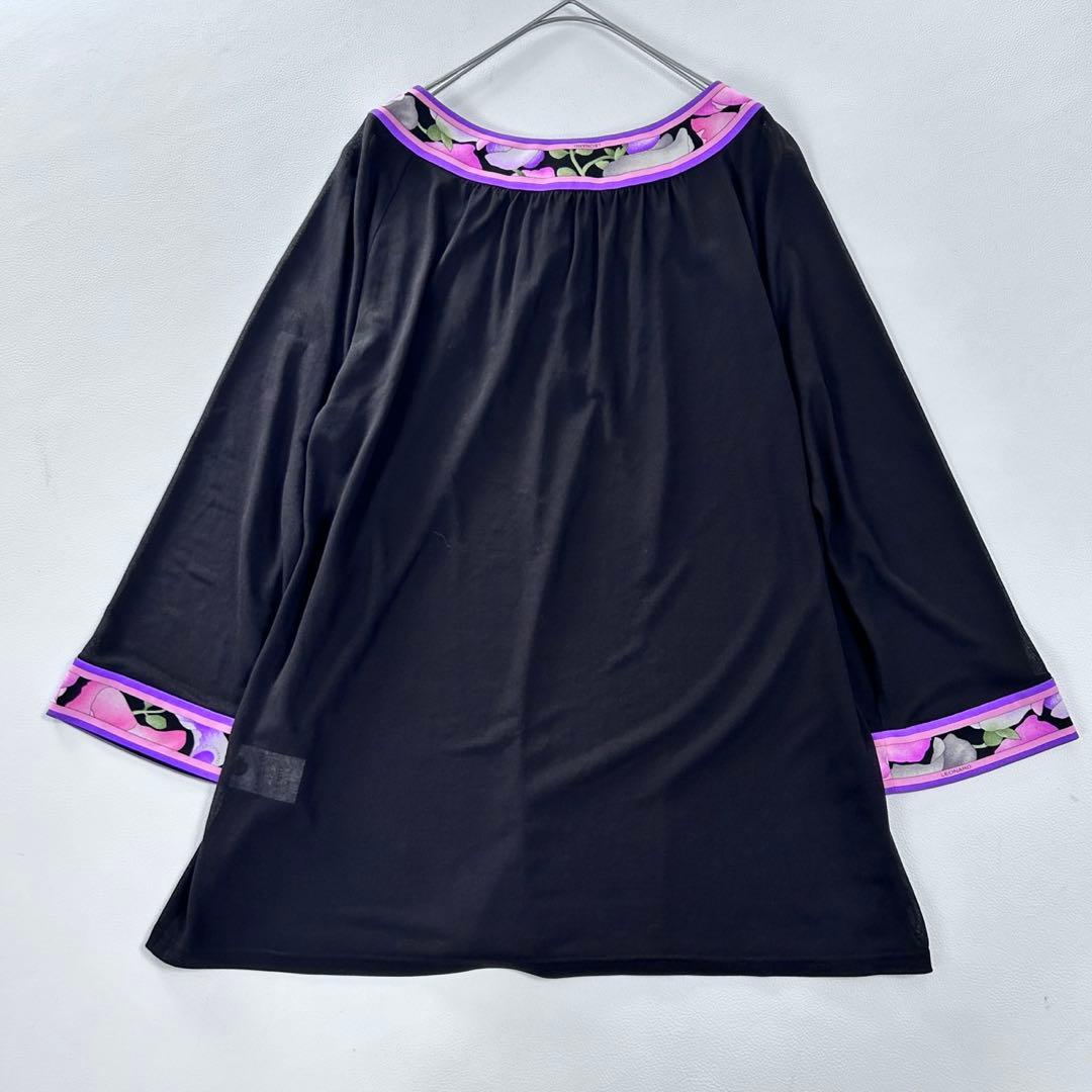 大きいサイズ レオナール カンカン素材 花柄トリム チュニック LL 黒