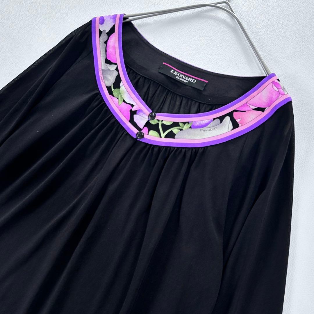 大きいサイズ レオナール カンカン素材 花柄トリム チュニック LL 黒