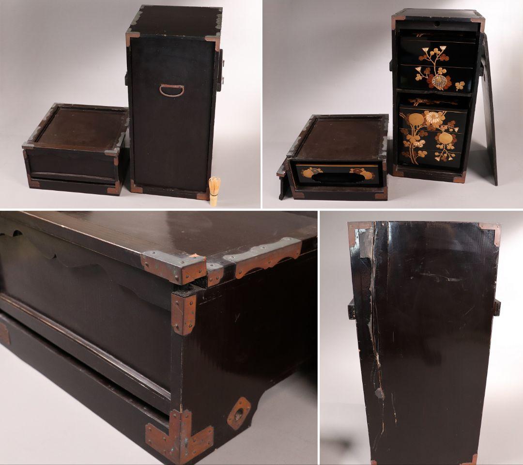 専用 MA24 時代木製漆器 光琳蒔絵 五段重 重台 菊蝶金銀蒔絵 螺鈿 黒塗