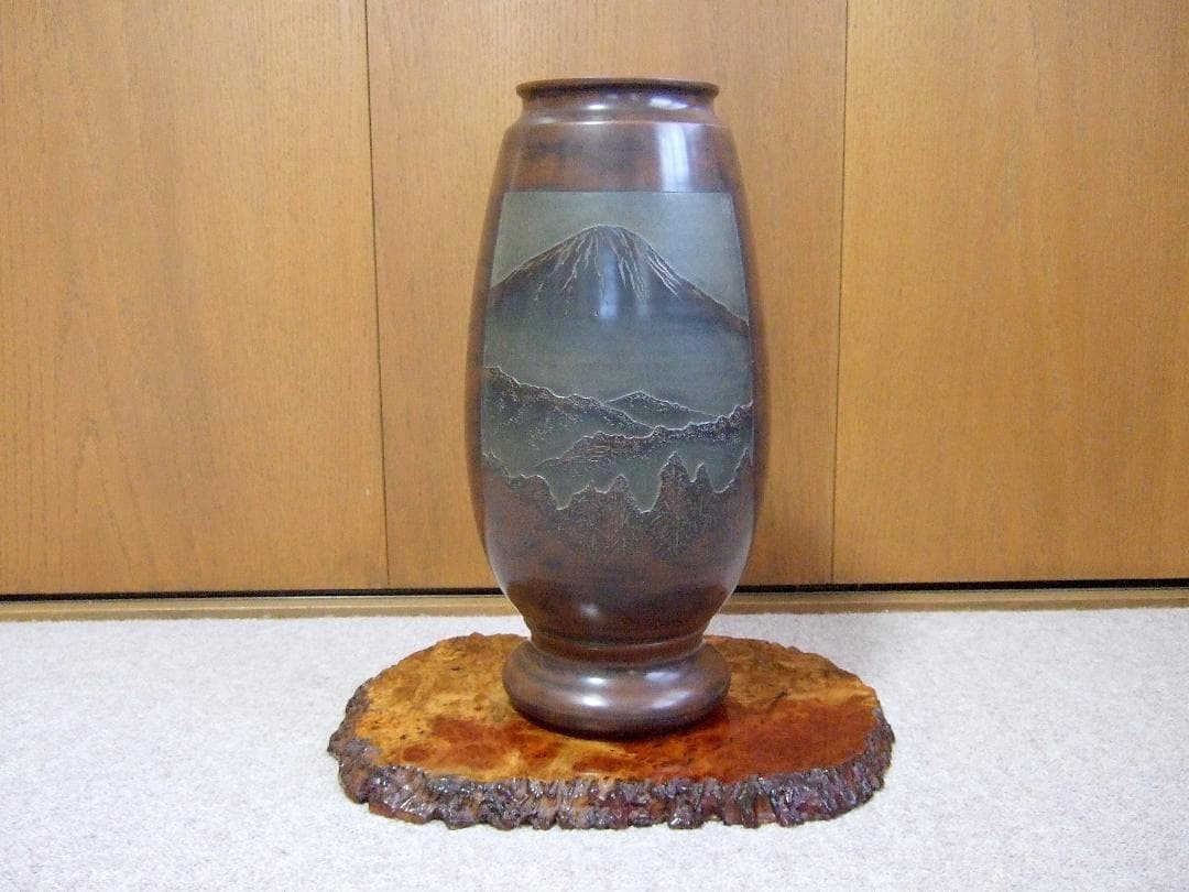 中国美術 欽州 泥興陶 山水彫刻 浮彫 窯変 飾り壺 / 富士山 花瓶 花器