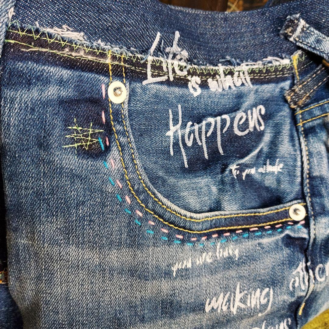 刺繍デニムバック　No.658　デニムリメイク　スマイリー　刺繍バック