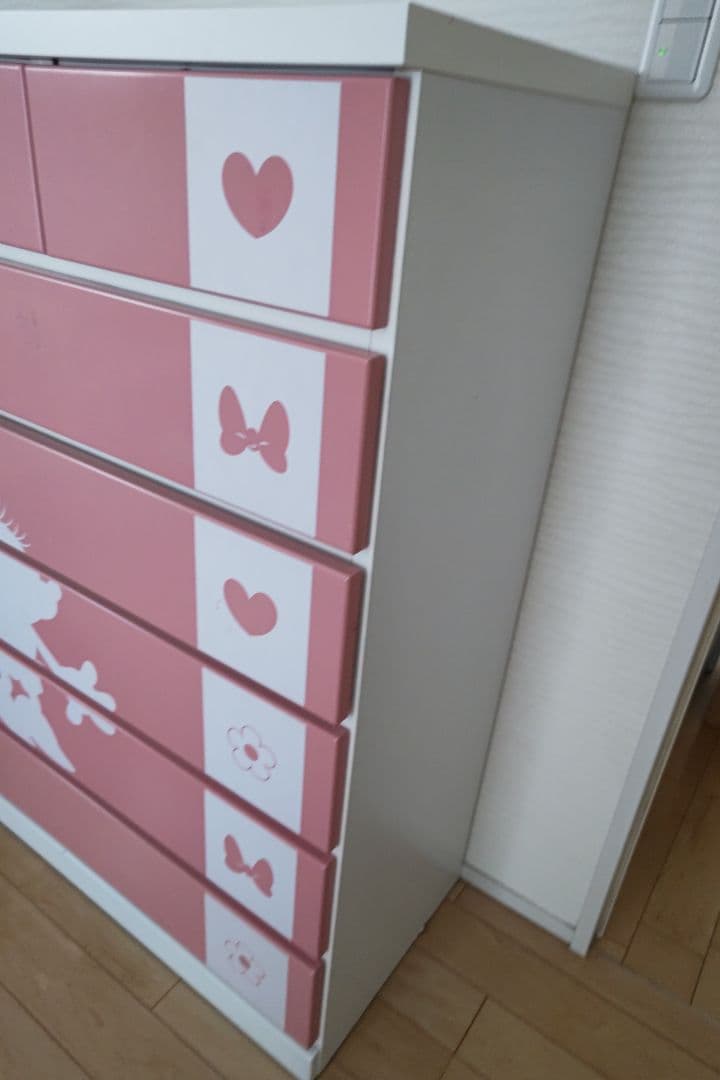ディズニー　ミッキーミニー　タンス　キッズチェスト 5段 ピンクホワイト引き出し