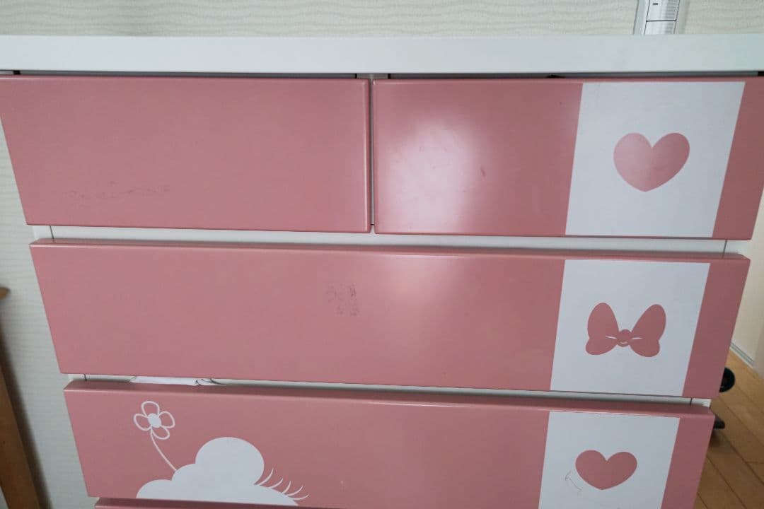 ディズニー　ミッキーミニー　タンス　キッズチェスト 5段 ピンクホワイト引き出し