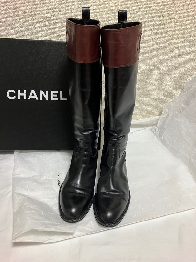 美品CHANELサイドココマーク バイカラー　ロングブーツ/ジョッキーブーツ