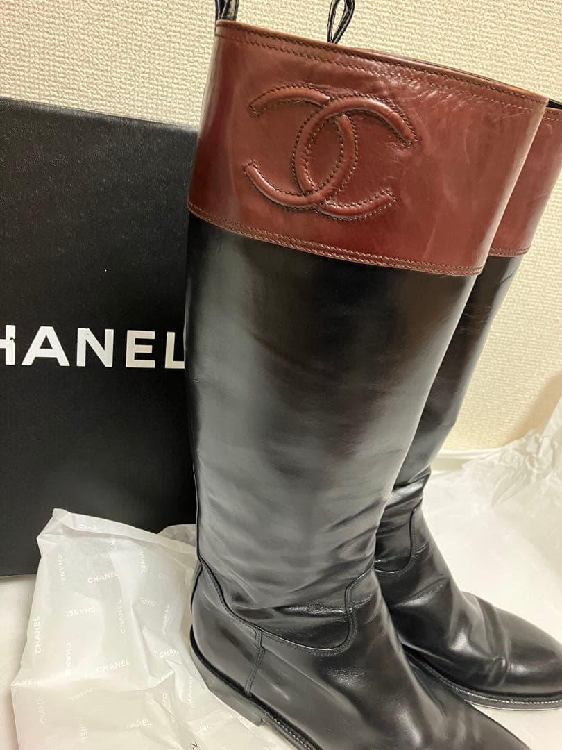 美品CHANELサイドココマーク バイカラー　ロングブーツ/ジョッキーブーツ