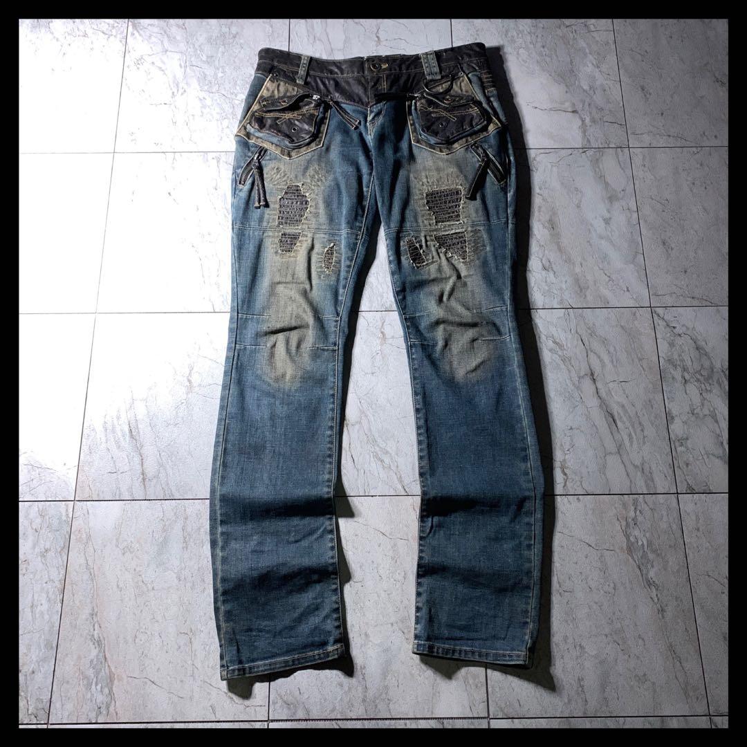 00s PPFM archive 立体 フェイクレザー ダメージ デニム Y2K