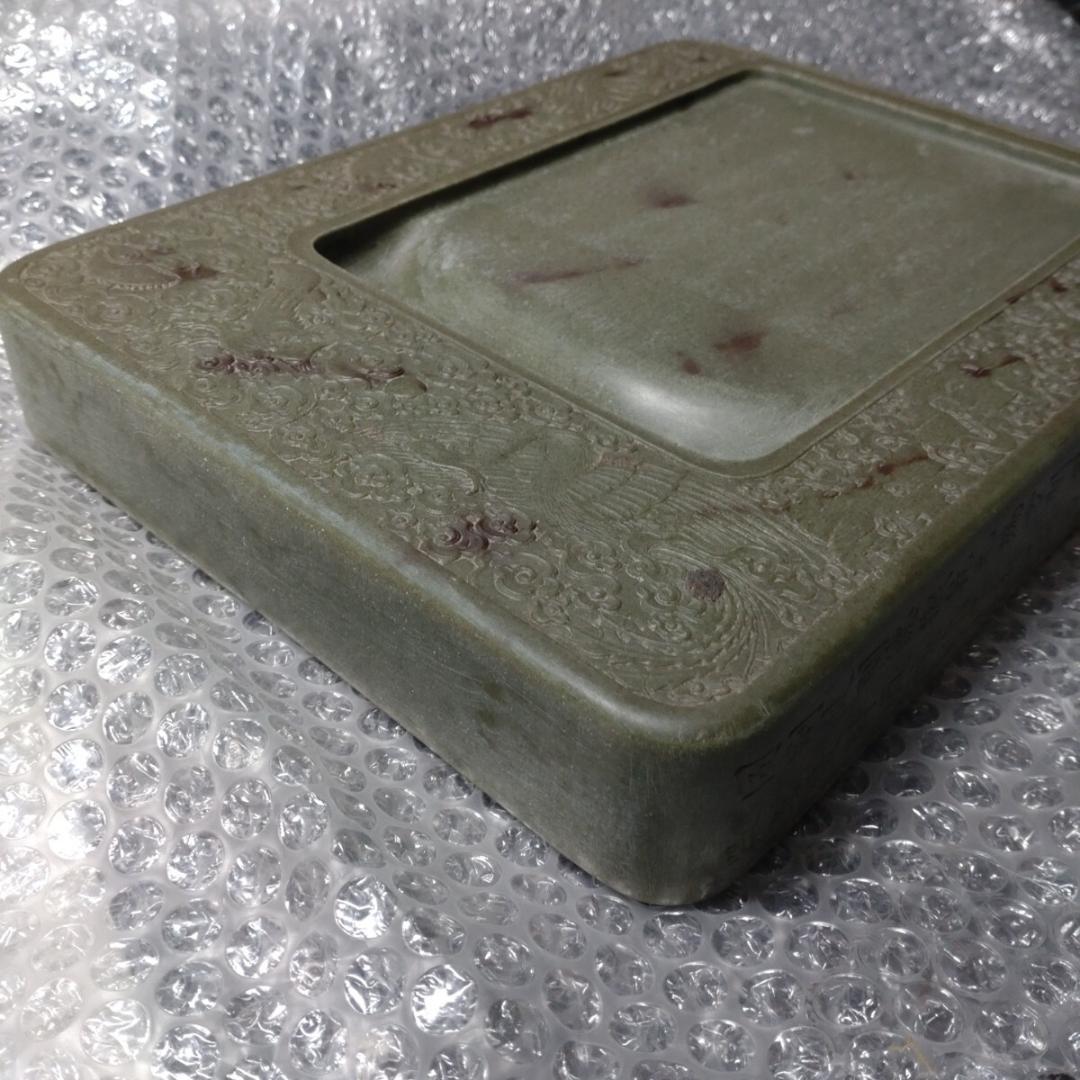 清代 上浣造 緑端渓硯 雲龍鳳凰彫刻 木箱付 書道具 すずり