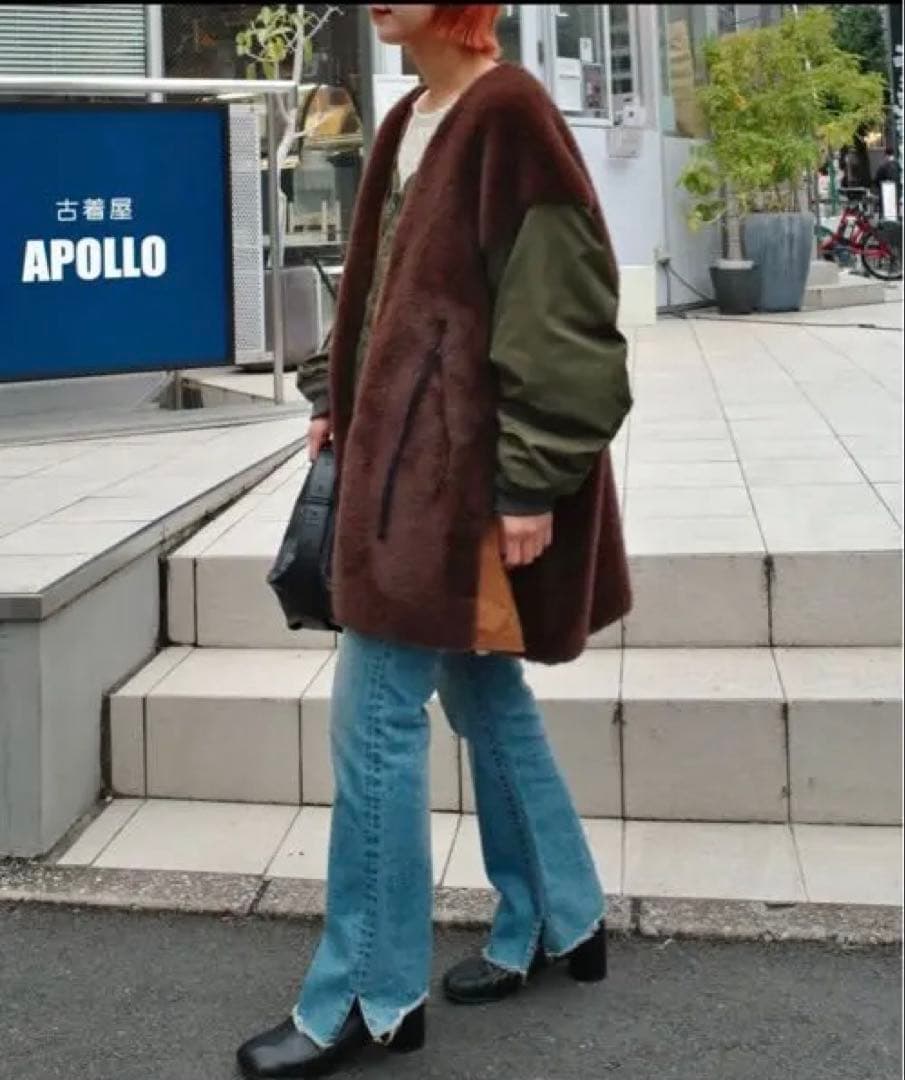 美品　【etsinta/エシンタ】ファー切替ジャケット　ブラウン