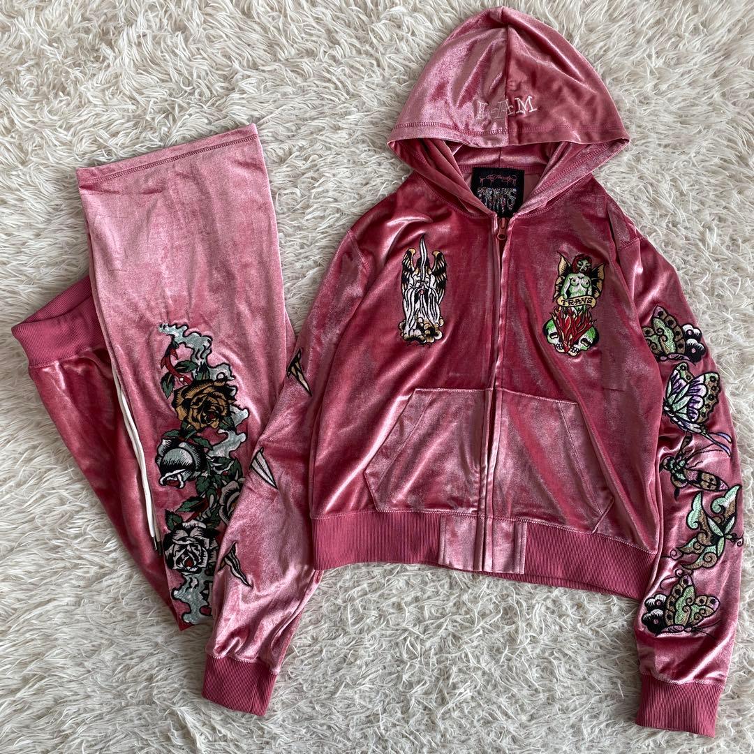 エドハーディ　パーカー　トラヴィス　ベロアセットアップ　ピンク