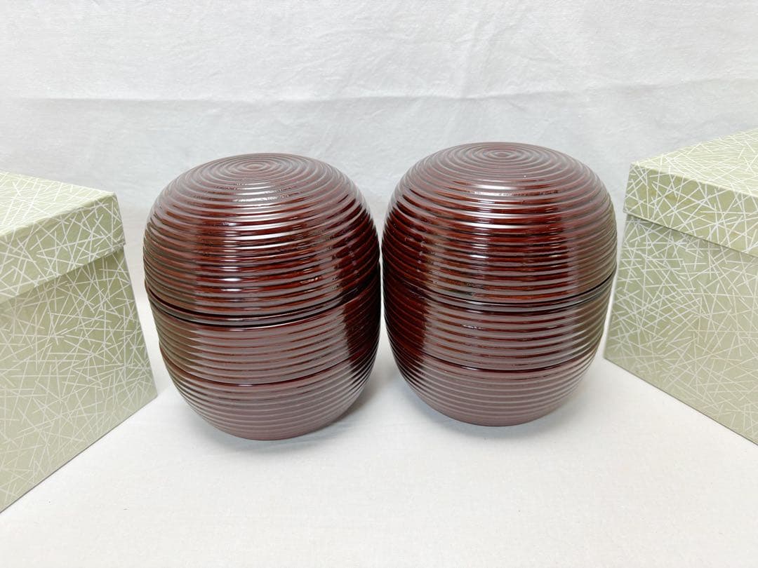 未使用 懐石道具 木製溜塗 信玄三段弁当 2客揃 千筋 内朱 重箱 会席 紙箱