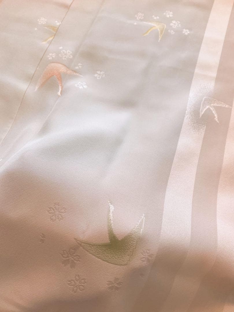 J48新品　正絹袷長襦袢　夢二落款　鶴模様　コーラルピンク 半衿付き