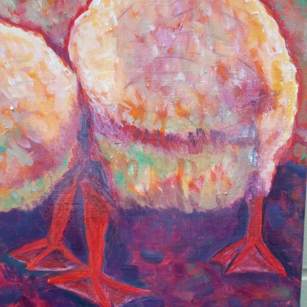 油絵　専用　夕方　寄りそって帰るアヒルの恋人たち