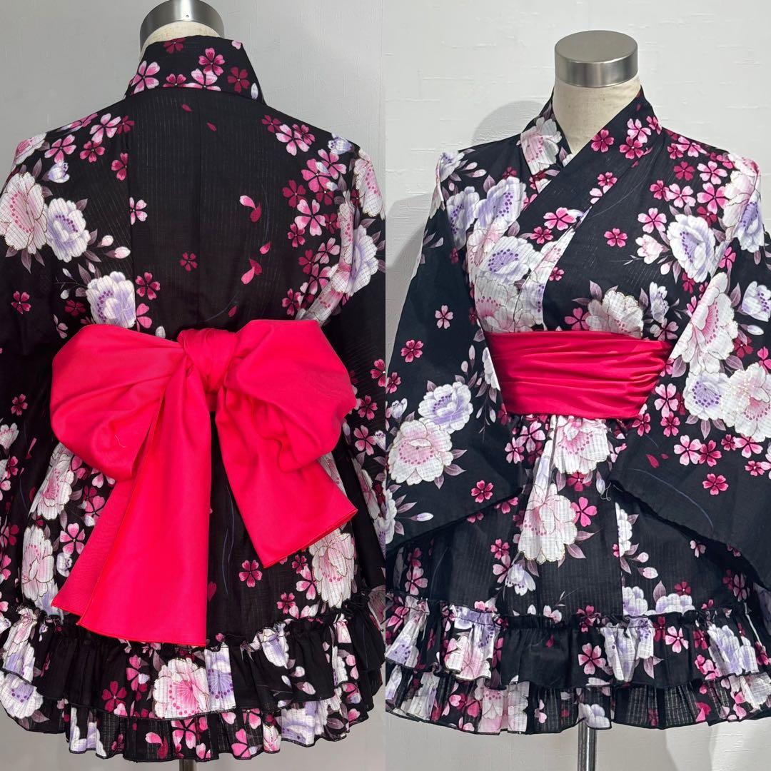浴衣ドレス 黒ピンク 兵児帯セット 地雷ギャル 平成ギャル