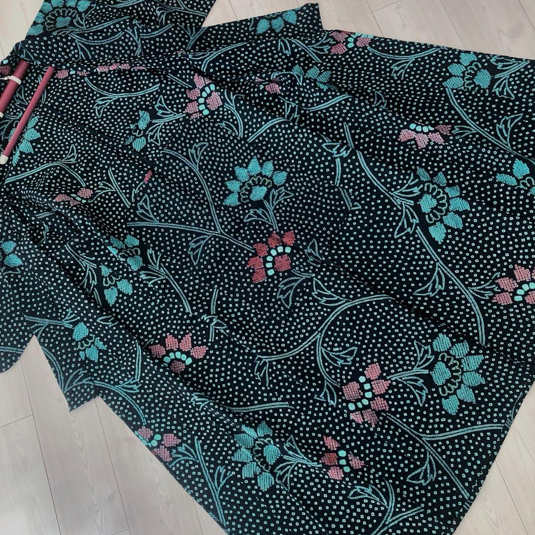 有松絞り　浴衣　手縫い上質浴衣　美品　黒・ターコイズNo.2-130