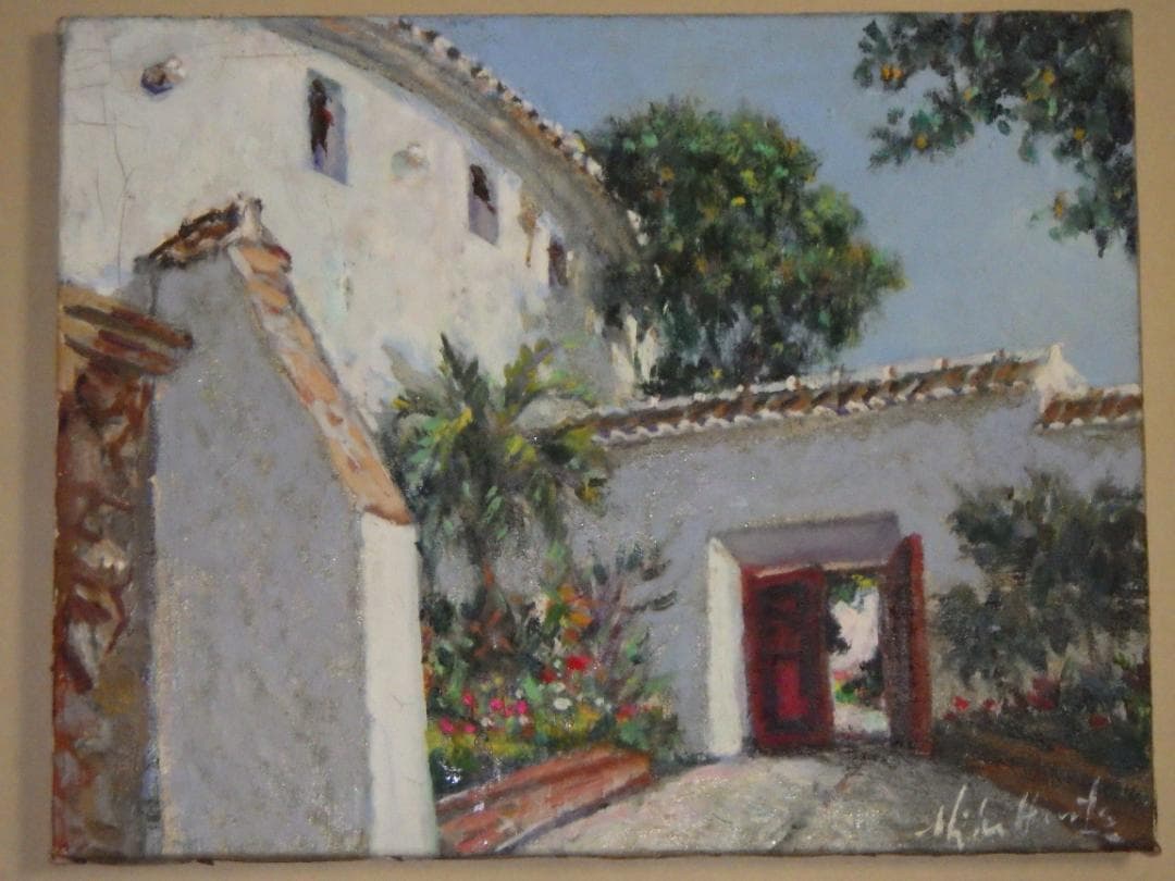 真作 春田美樹 油彩 闘牛場の内庭 ロンダ 肉筆 地図 木枠F6サイズ 一点物