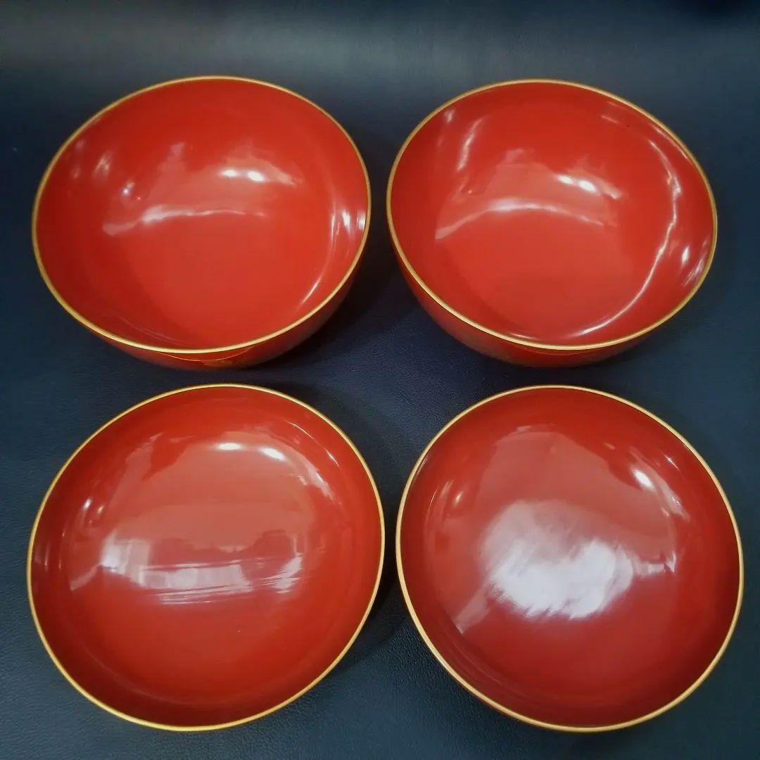 yuki 木製 吸物椀 朱塗 沈金牡丹花文 吸物椀 煮物椀 懐石椀 4客