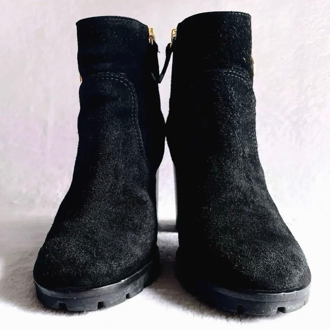 トリーバーチ スゥェード ブーツ ゴールド金具 サイドジップ 太ヒール 黒