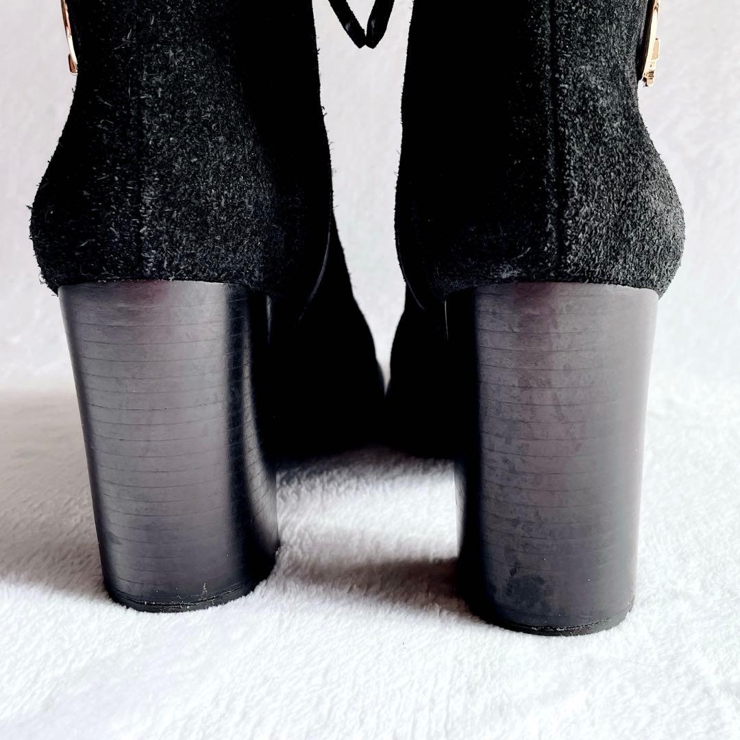 トリーバーチ スゥェード ブーツ ゴールド金具 サイドジップ 太ヒール 黒