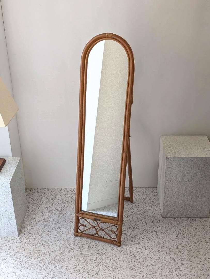 ラタン スタンドミラー 80s ビンテージ 壁掛け 2way 籐の姿見 レトロ