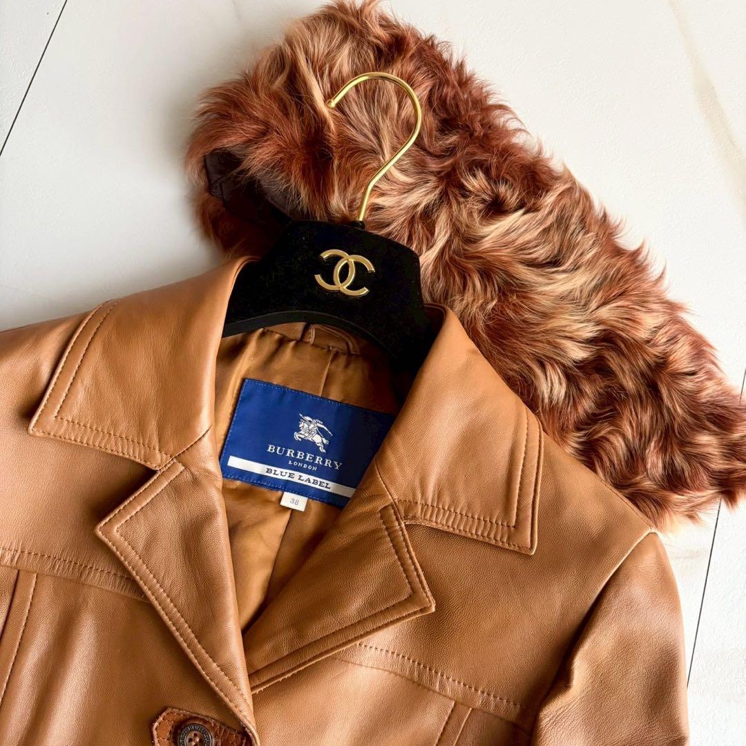 希少◆バーバリーブルーレーベル リアルファー 羊革 レザー コート キャメル M