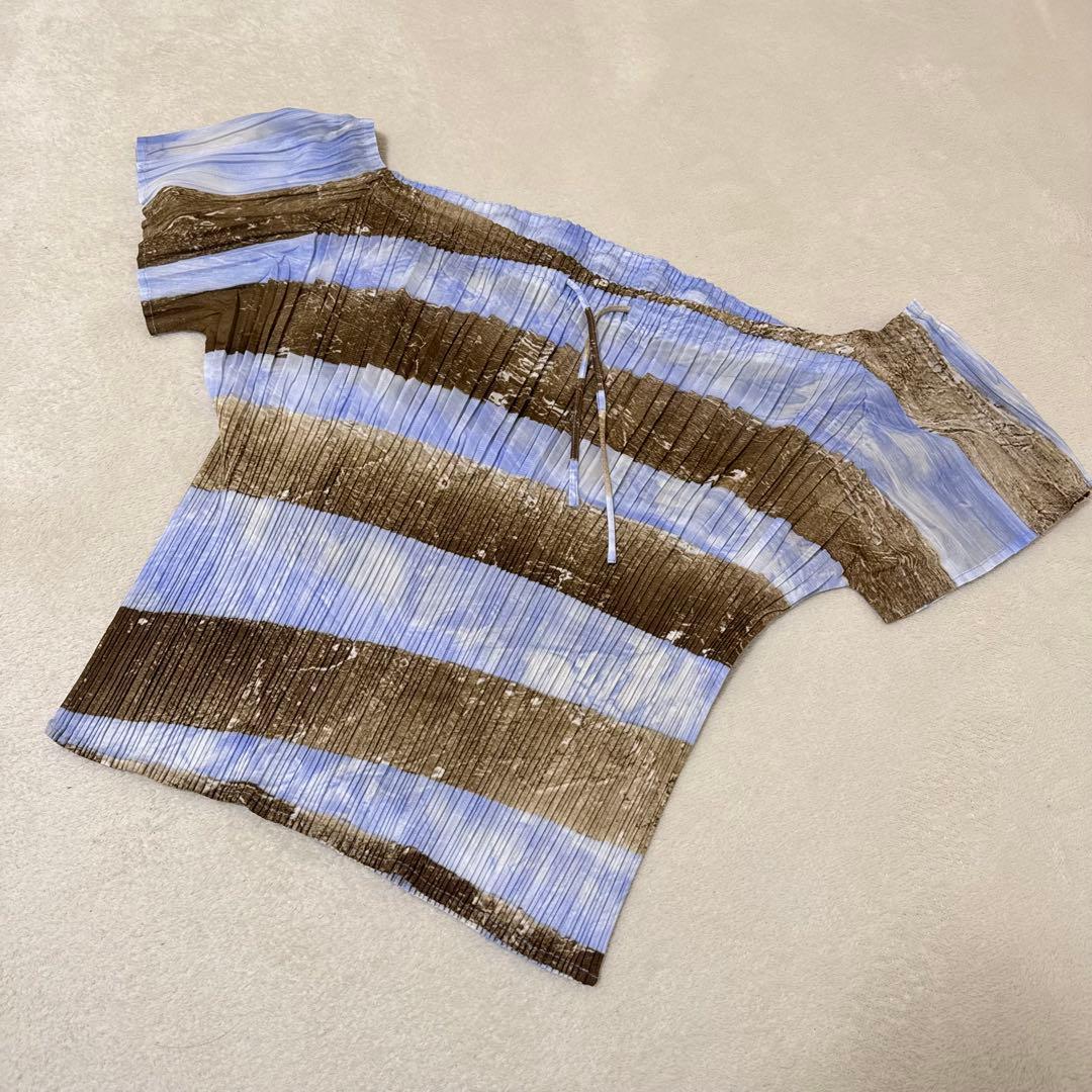 極美品✨PLEATS PLEASE プリーツ　半袖　オフショル　水色　ブラウン