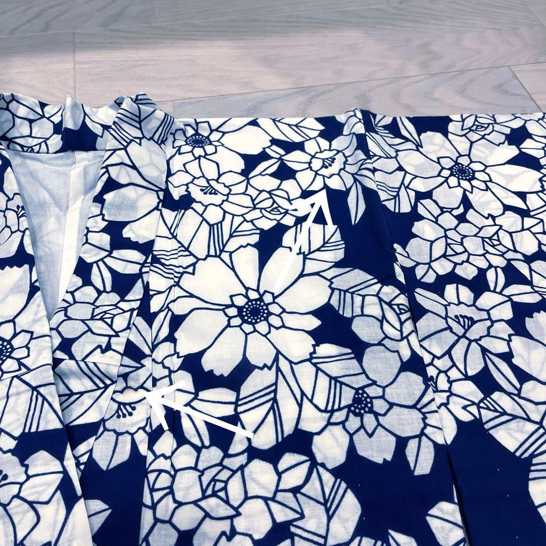浴衣 紺色 注染 椿　菊　レトロ　アンティーク