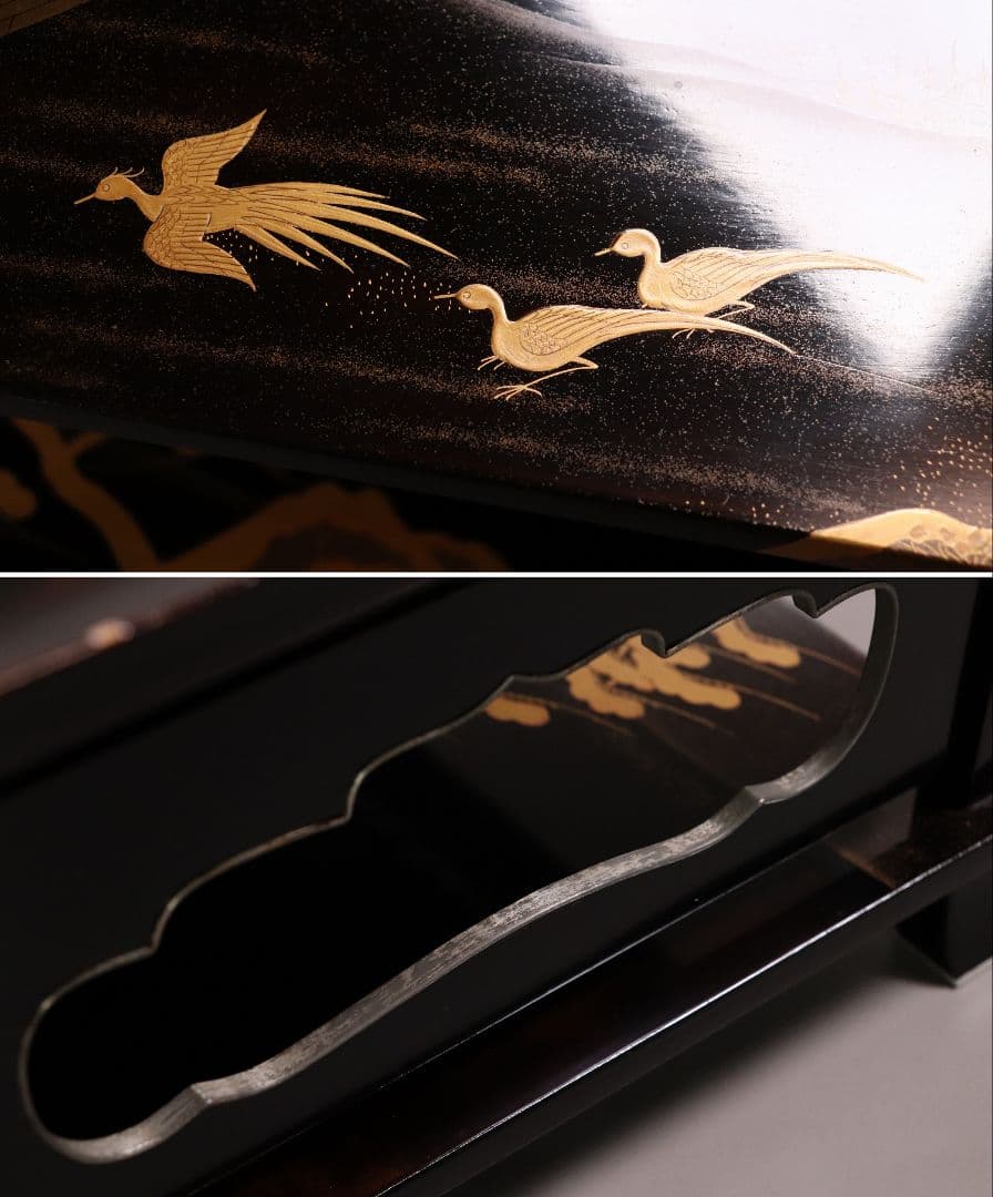 輪島塗 蒔絵師 久世宗春 山水金蒔絵 冠卓 二段卓 花台 黒塗【MA189】