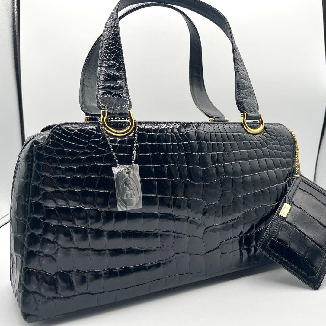 美品◎JRA認定 シャイニングクロコ ハンドバッグ センター取り 黒 明日香