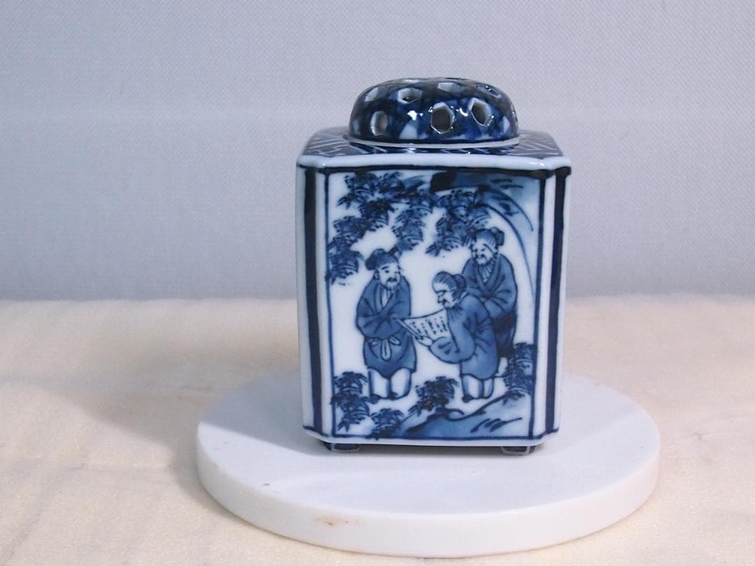 【未使用】九谷焼 九谷陶香作 角福 福寿 香炉 染付 人物/小紋 茶道具/香道具