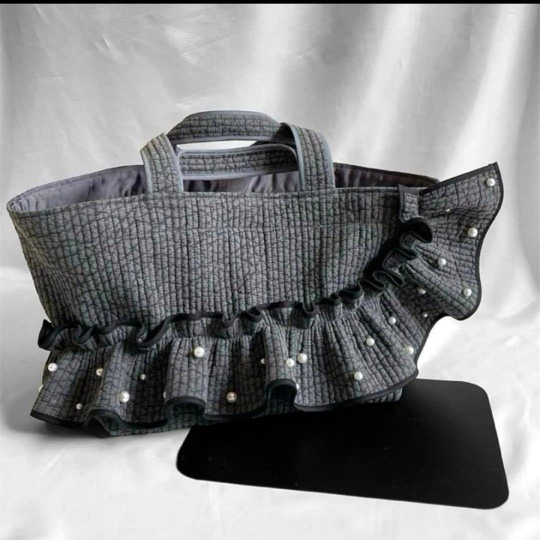 新作♡ヌビバッグ　フリルギャザー　ダークグレー×ブラック　パール　底板マグネット