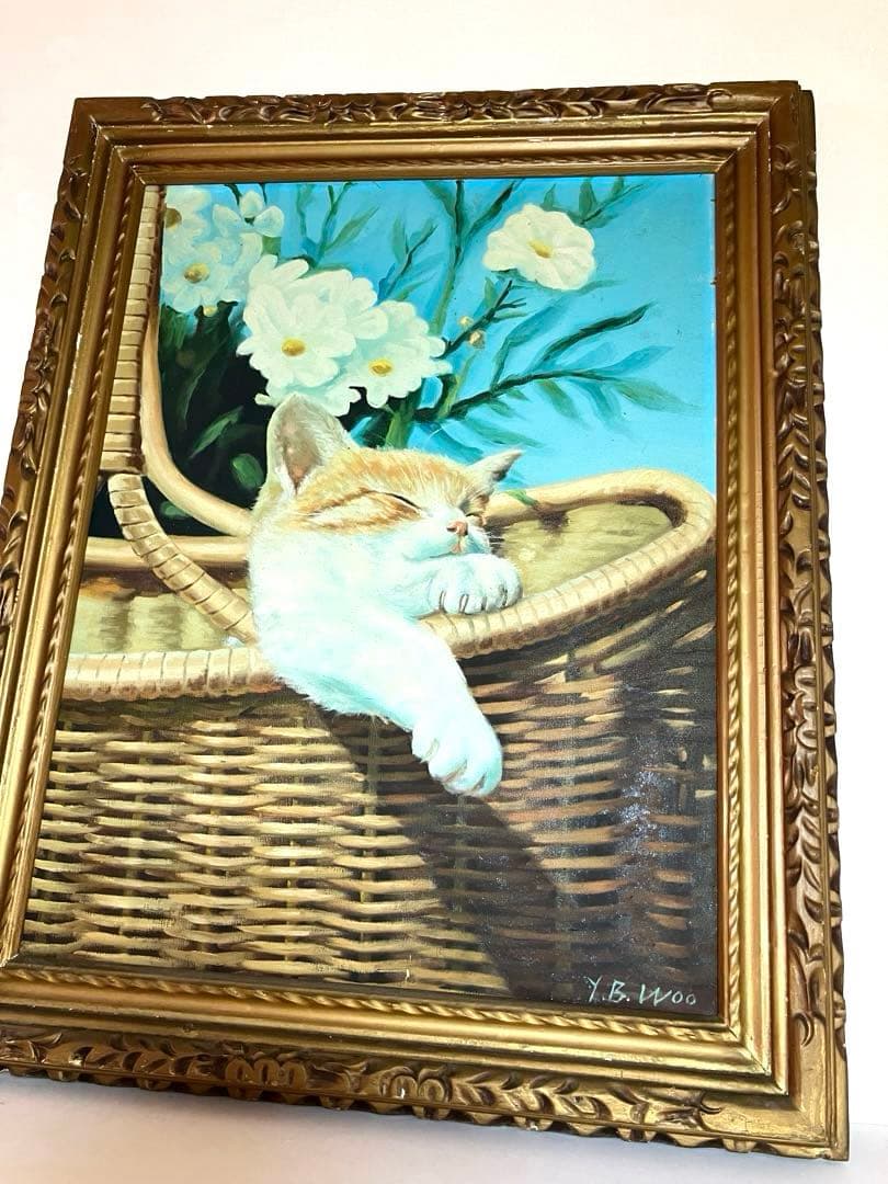 油彩画 バスケットで眠る猫 肉筆 大型豪華フレーム 縦80cm横65cm