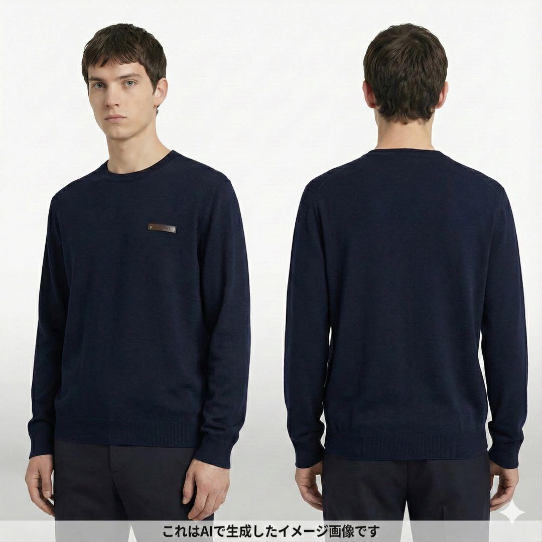美品 希少 XLサイズ Berluti レザー ロゴパッチ ニット ネイビー