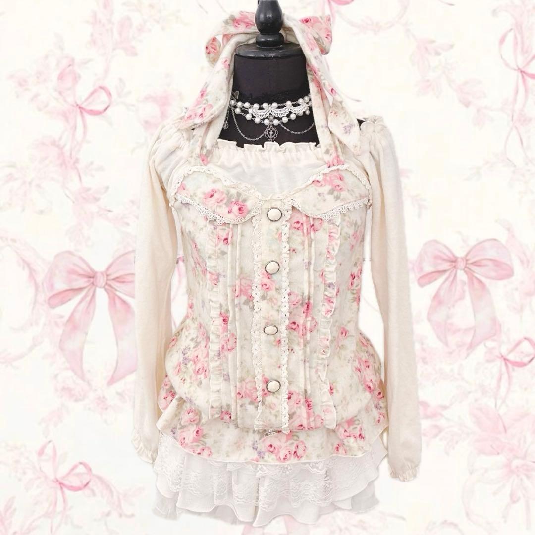 y2k LIZ LISA オフショル 花柄 ホルターネック 起毛　姫カジ　フリル