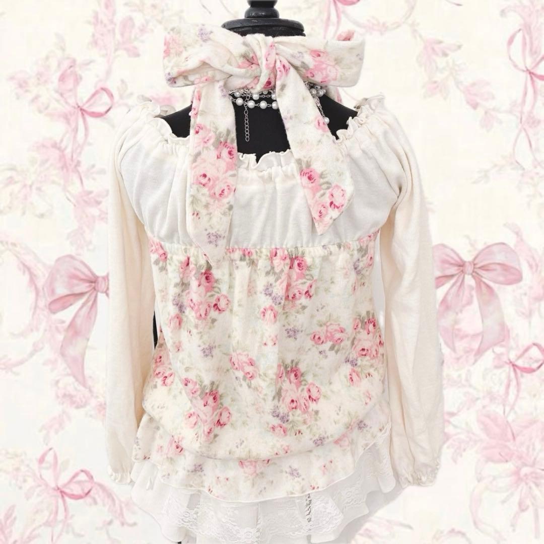 y2k LIZ LISA オフショル 花柄 ホルターネック 起毛　姫カジ　フリル