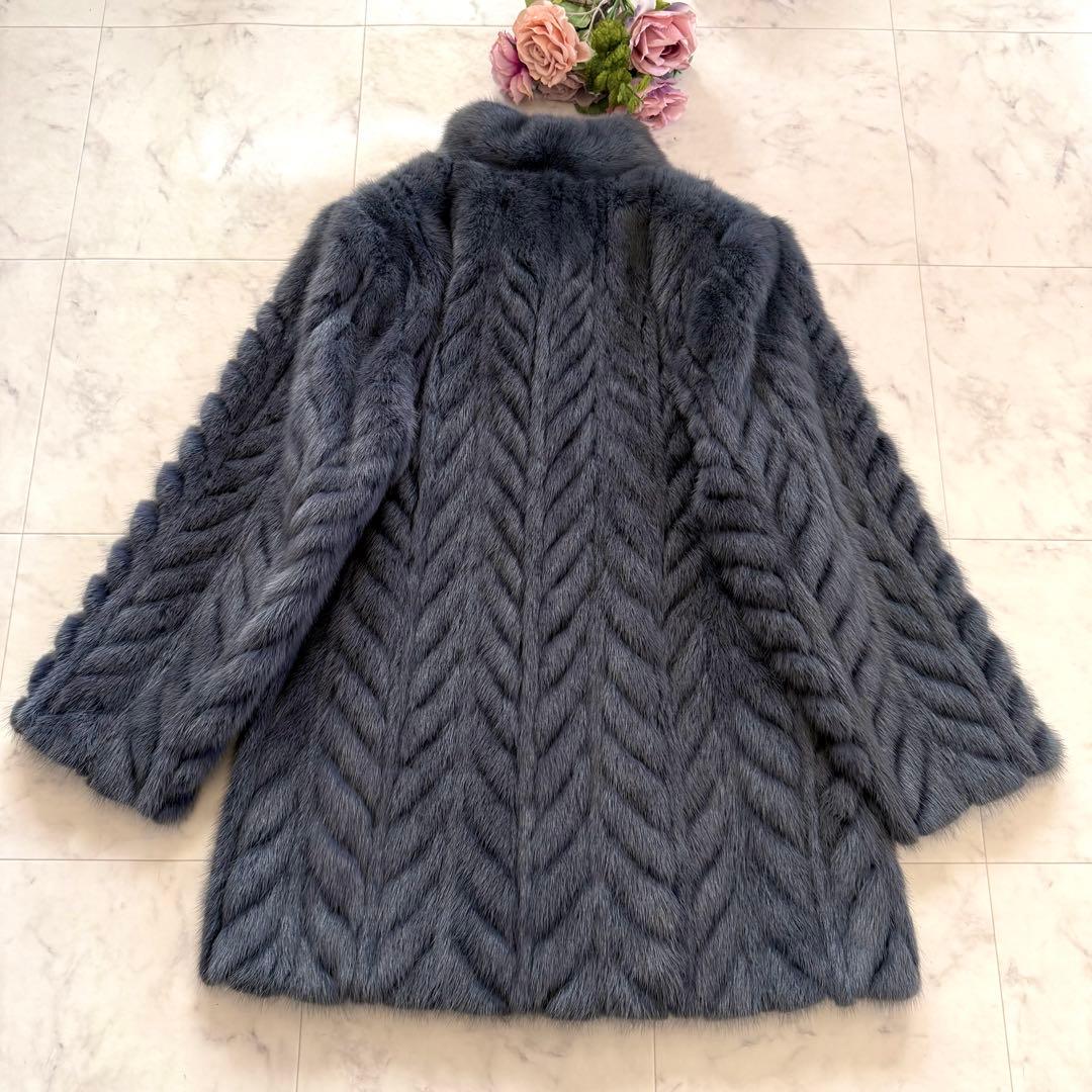 着丈82 くすみブルー 染めミンク ファーコート シェブロン模様 毛皮 軽量
