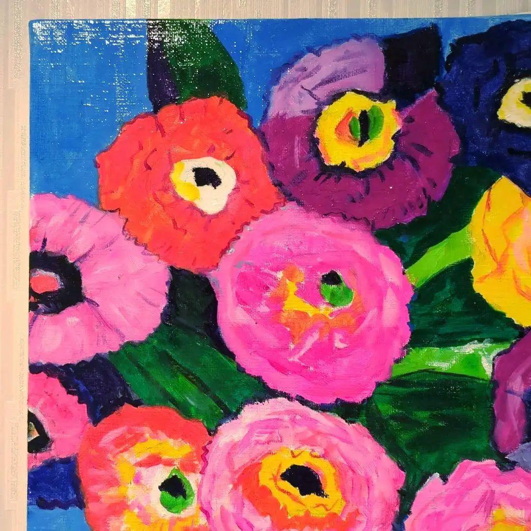 キャンバス油絵　専用　カラフルなお花をたくさん入れた花瓶 happy!